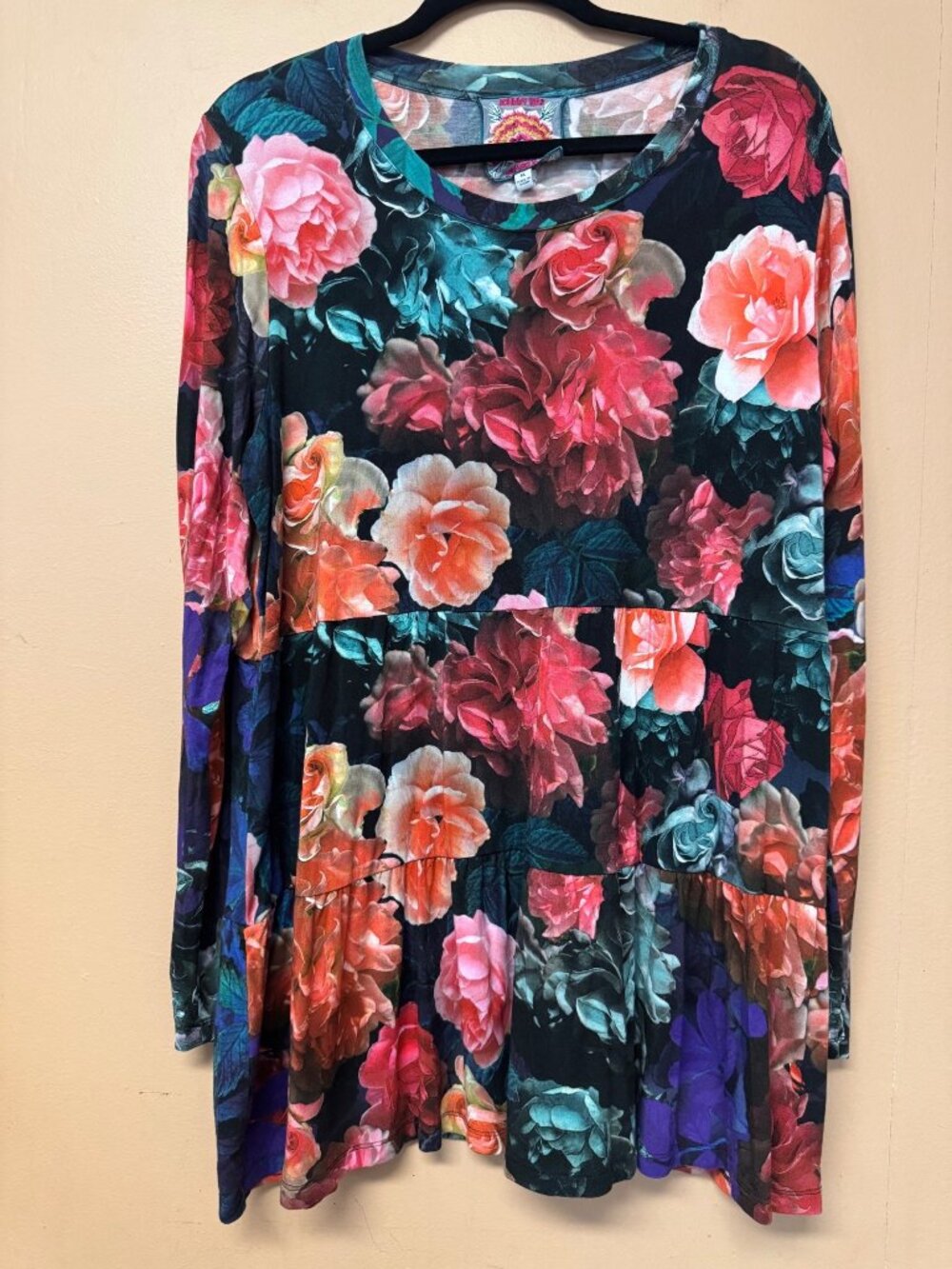 Johnny Was Studio Tiered Tunic Floral Top Long Sleeve Boho Stretch Goth Boho XL